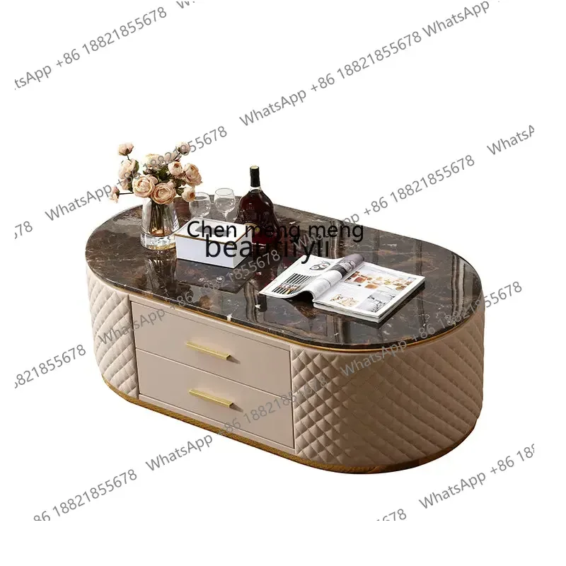 CC182R11 Mesa de centro moderna y ligera de lujo, mesa de té ovalada chapada en oro de acero inoxidable, pequeño apartamento, sala de estar italiana de mármol