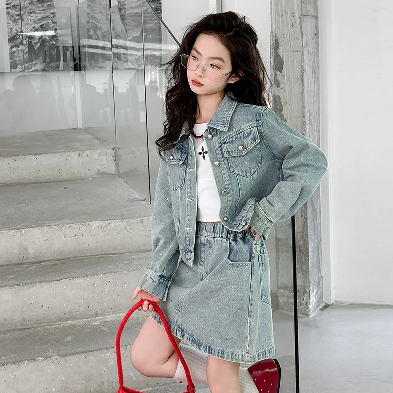 Children Clothes Girls Spring Autumn 2026 Denim Sparkly Rhinestone Long Sleeve Jacket and Mini Skirt Two Piece Set