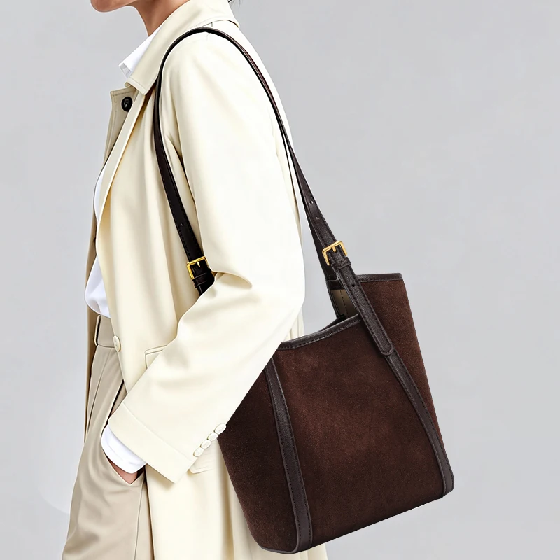 Aidanni High-end Genuine Leather Tote Bag, Large-capacity Basket-style Handbag, Women's Shoulder & Crossbody Bag in Brown