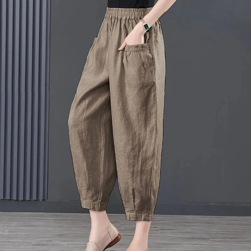 Women\'s 2024 Summer Fashion Solid Color Elastic High Waist Lantern Pocket Loose Band Mouth Ice Silk Cotton Linen Harlan Pants