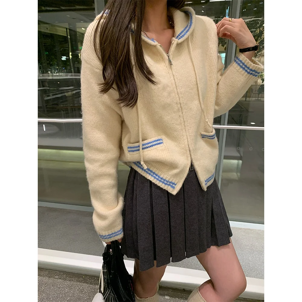 

Синий женский свитер с капюшоном, премиум-класс, трикотаж, зима 2024, из других материалов, 00%, повседневный уличный стиль, модный свитшот