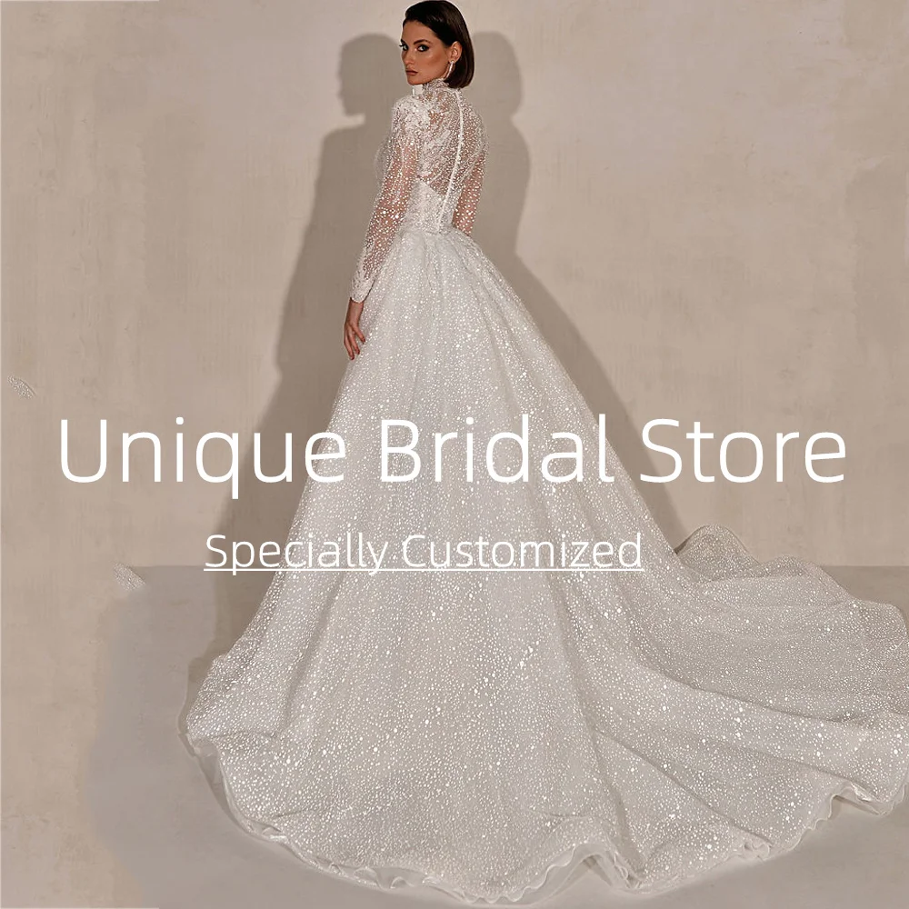 Customized Exquisite Wedding Dresses A-line Pretty Applique Elegant Full Sleeves High-neck Split Skirt Design Self-cultivation B