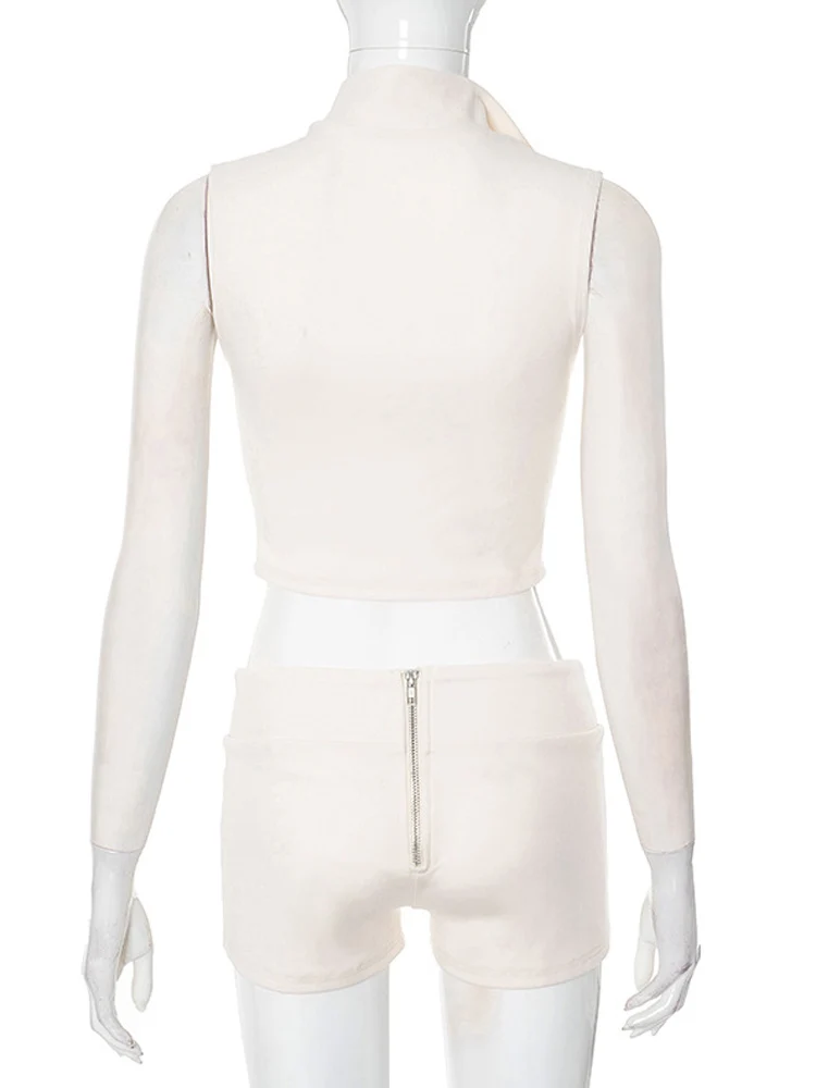 Beyprern Lässiger zweiteiliger Damen-Anzug, ärmelloses Korsett-Oberteil und Shorts mit Reißverschluss vorne, solide, tailliertes 2-teiliges Clubwear-Outfit