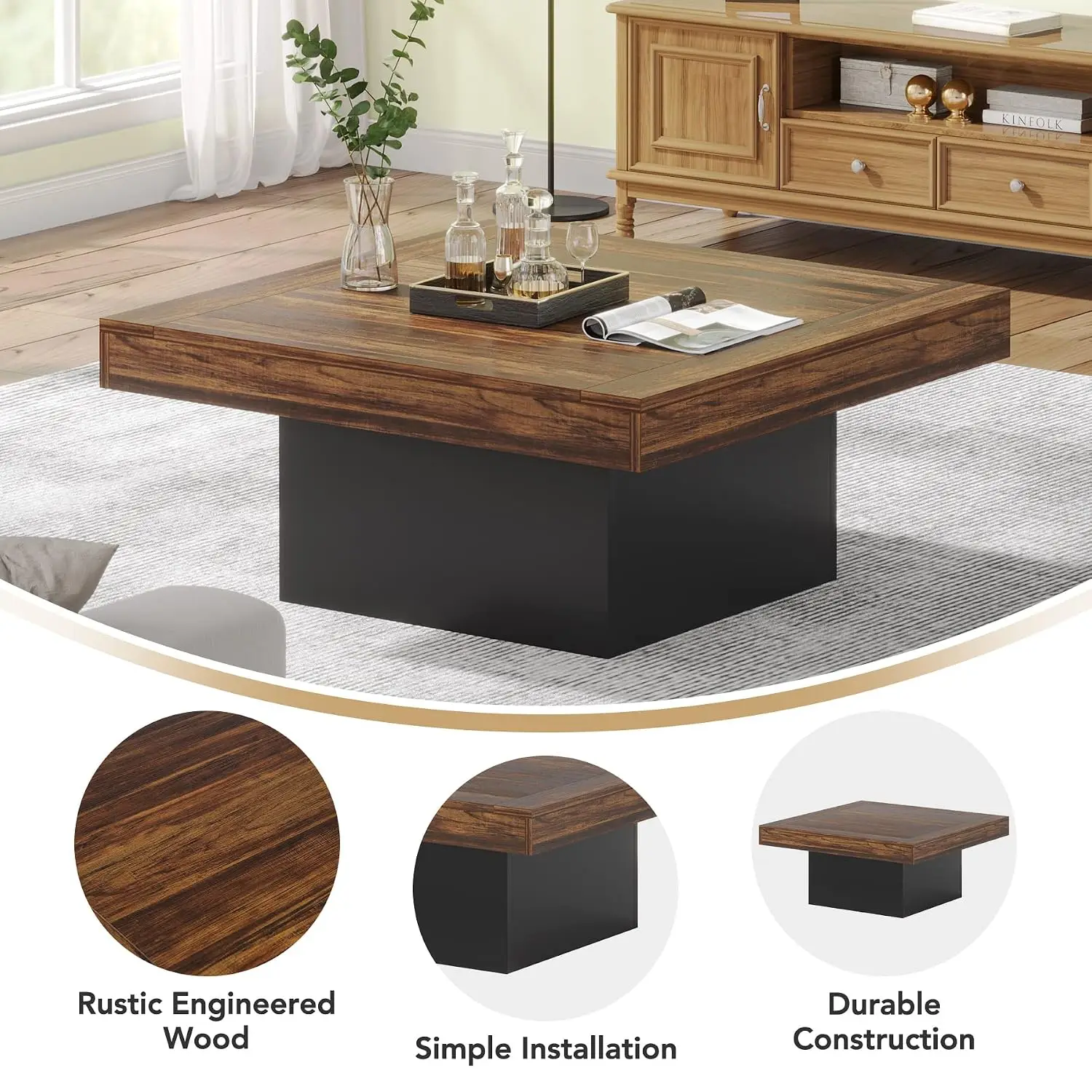 LED Coffee Table Modern Square Farmhouse APP Control 35.4