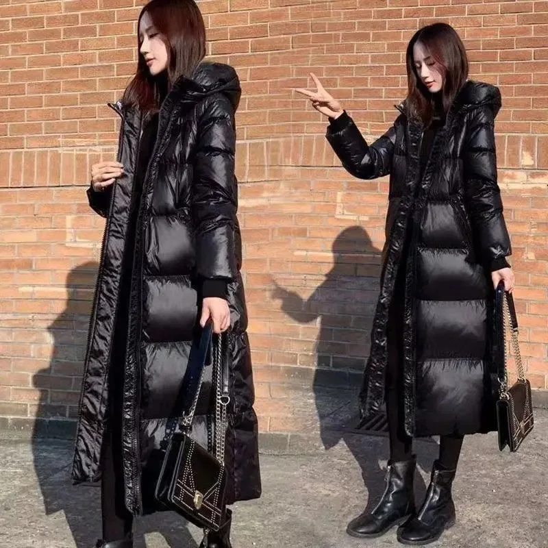 

Warm Hooded Long Parkas Women Plus Size Fashion Glossy Balck Windproof Winter Coat 2024 Streetwear Thick Casual Overcoats N121