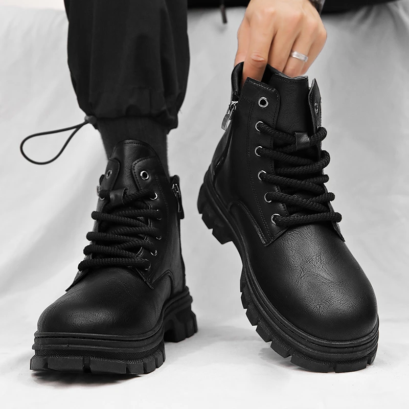 2023 New Shoes for Men Basic Men's Boots Outdoor Ankle Boots Male Turned-over Edge Round Toe Lace Up Platform Side Zip Man Shoes