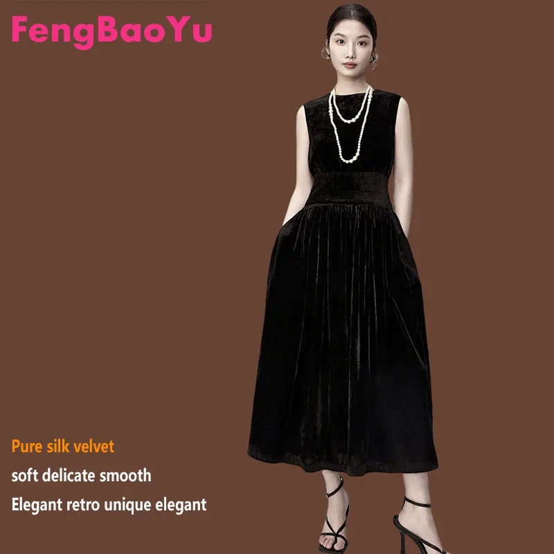 

Роскошное женское длинное платье Fengbaoyu из шелкового бархата без рукавов, А-силуэт, с V-образным вырезом, во французском ретро-стиле, высококачественная повседневная одежда