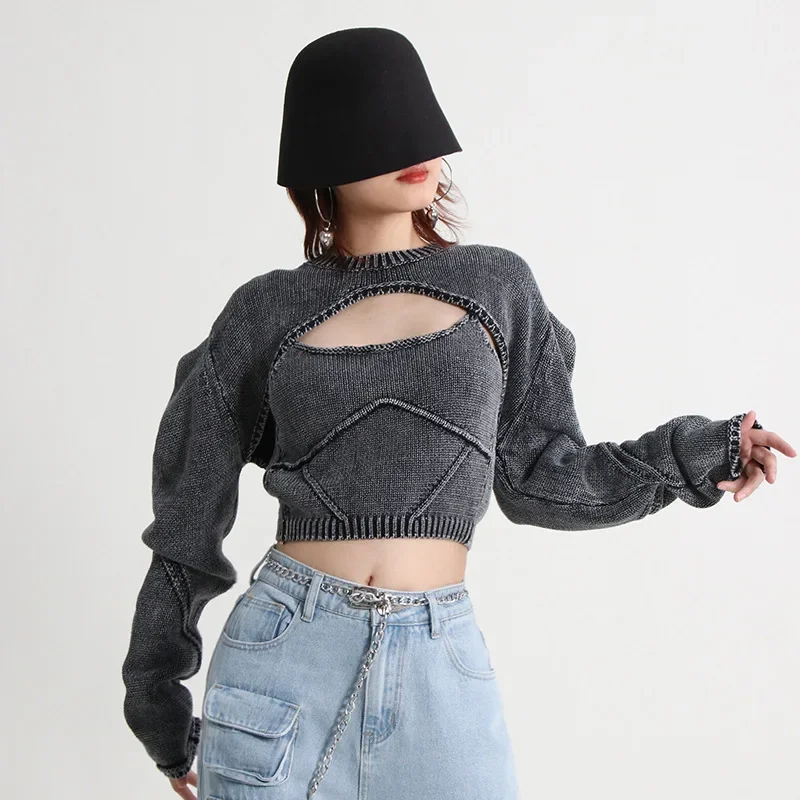 Chic Design Sexy Pullover Women Slim Sweater Long-sleeved Knitted Street Two-piece Jumper Basic Sweater y2k Knit Sling Waistcoat