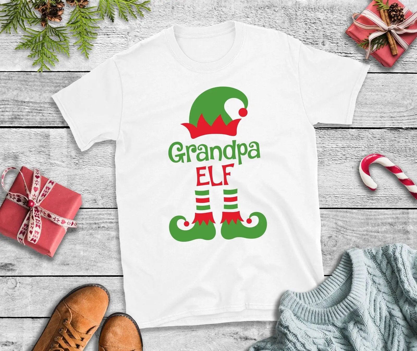 Grandpa Elf Xmas Day Tee Christmas Shirt For Grandad Grandfather Cotton Tshirt