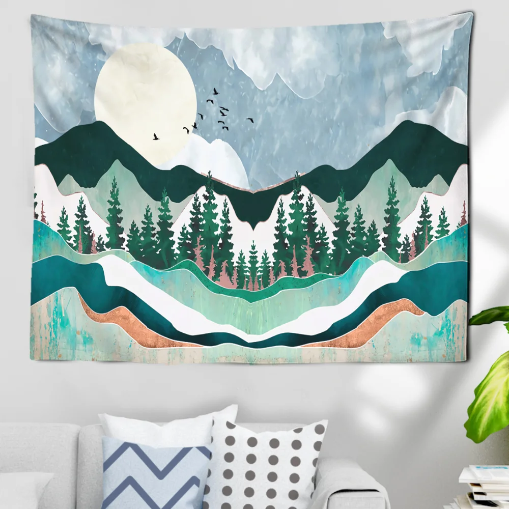 Landscape Painting Tapestry Mountain Sun Night View Home Decoration Tapestry Wall Hanging Bohemian Decor Crow Sofa Blanket