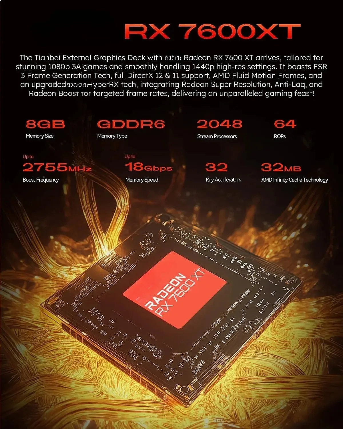 외장 GPU 도크 RX 7600 XT 8GB GDDR6 RDNA3 Oculink PCIe4.0 USB4 240W 노트북용 썸네일 4