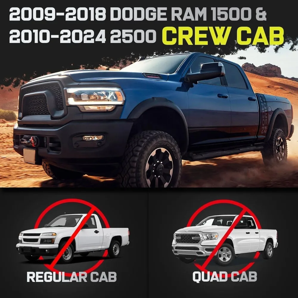 바이너리 스타 러닝 보드, 2009-2018년식 닷지 램 1500 크루 캡, 2010-2024년식 램 2500 3500 크루 캡 (포함) 차량과 호환 가능 Cl을 한국어로 번역하세요.