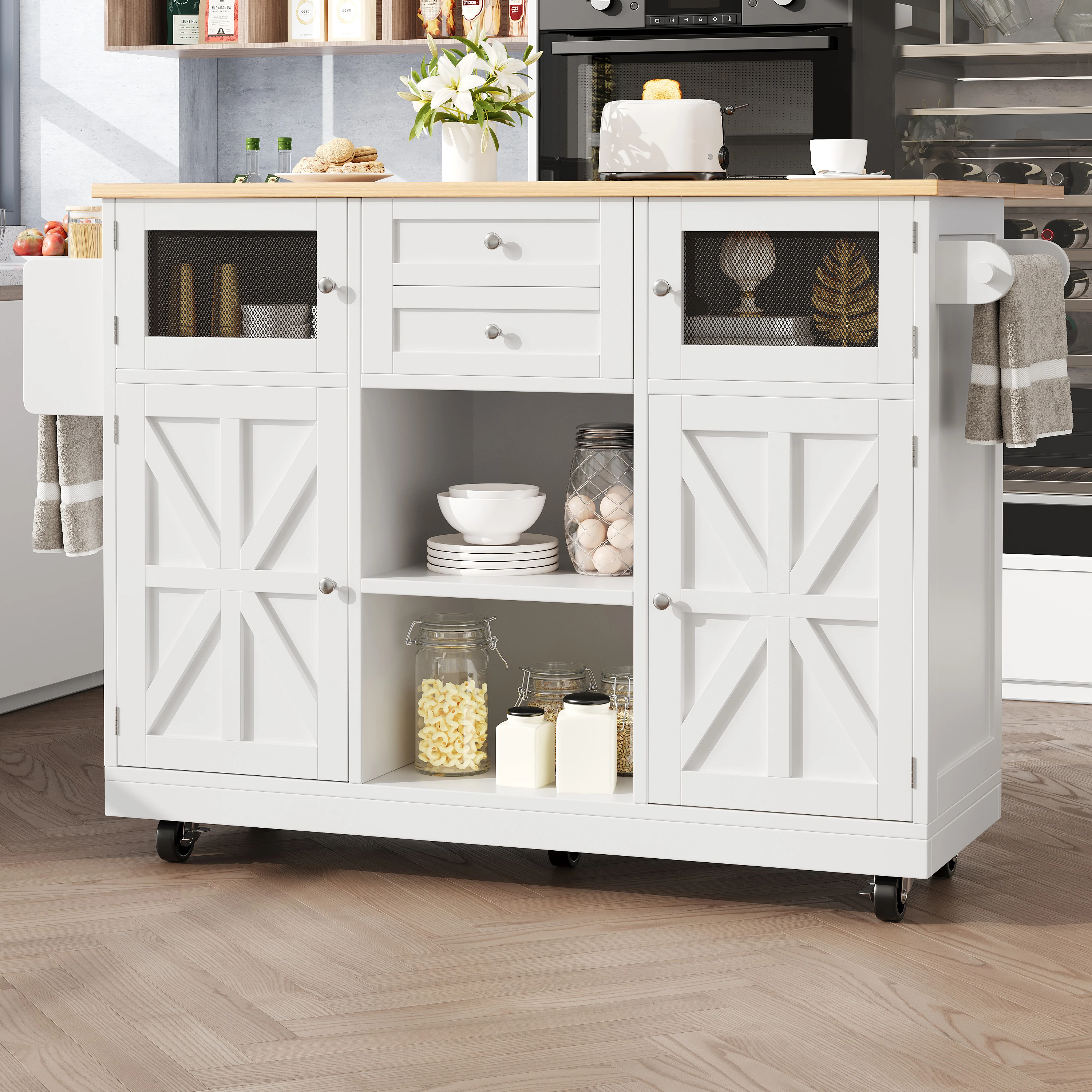 Chariot de buffet d'îlot de cuisine blanc avec comptoir en bois massif, chariot de service roulant avec porte-serviettes, portes de placard 3D, étagères réglables, tiroir et roulettes verrouillables