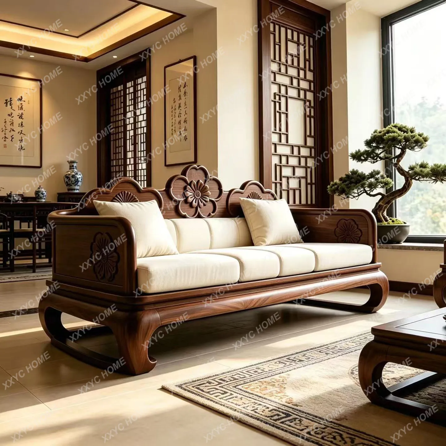 XX  New Chinese-style  black walnut sofa carved backrest tenon and mortise straight row fabric sofa solid wood