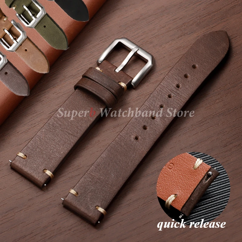 الإفراج السريع خمر جلد البقر حزام الساعات 20 مللي متر 22 مللي متر أسود براون خياطة معصمه لساعة سامسونج جالاكسي 7/6/5/4