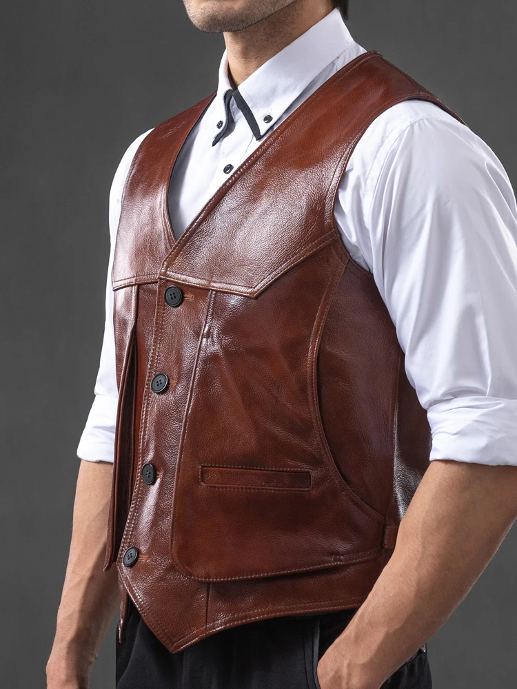 Genuine Leather Vest Men's Top Layer Cowhide Multiple Pockets Slim Fit Large Size Leather Back Vintage Leather Shoulder Jacket