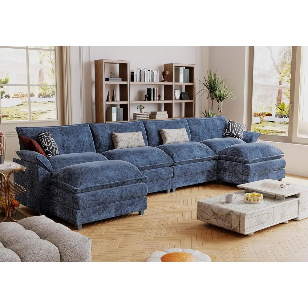 119” Sectional Sofa Modern Deep 3-Seat Sofa Couch with Reversible Ottoman, U-Shaped Chenille Fabric Modular Sofa Sleeper Comfy