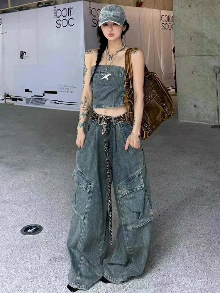 

Spicy girl strapless cool and stylish design slimming and high waisted cargo wide leg pants street denim two-piece set