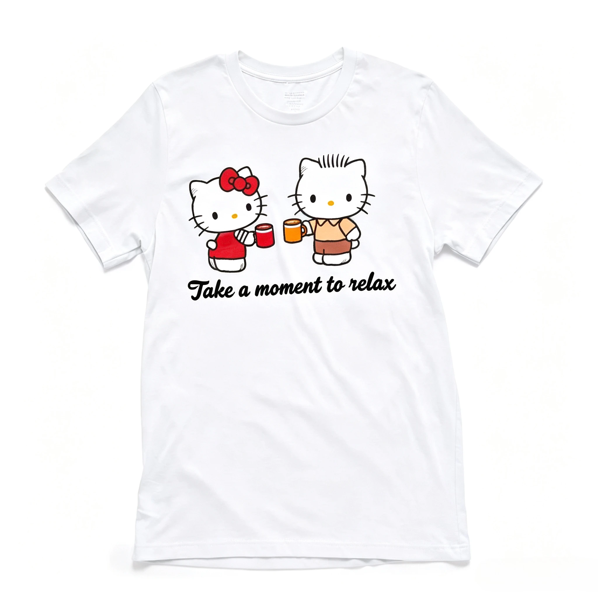 Hello Kitty Dear Daniel T Shirt Take A Moment To Relax Slogan Cartoon Couple Print Tee Kawaii Sanrio Casual Unisex Kids Tee Top
