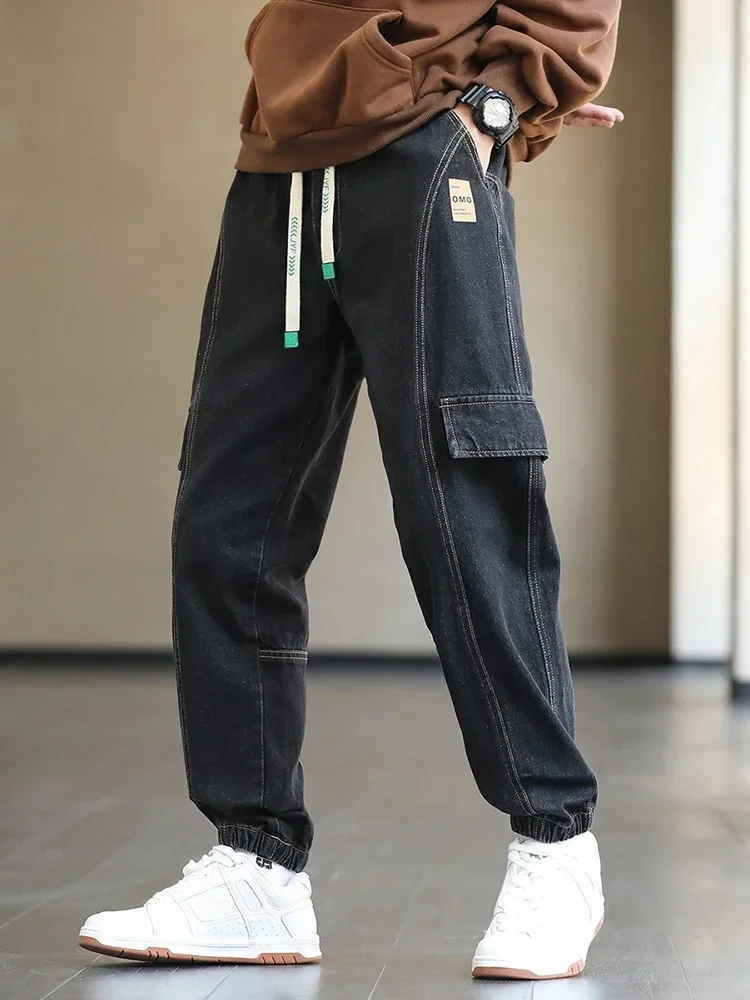 Plus Size Men's Cargo Jogger Jeans Hip Hop Streetwear Fake Pockets Stretched Cotton Casual Denim Pants Baggy Jean Trousers 8XL