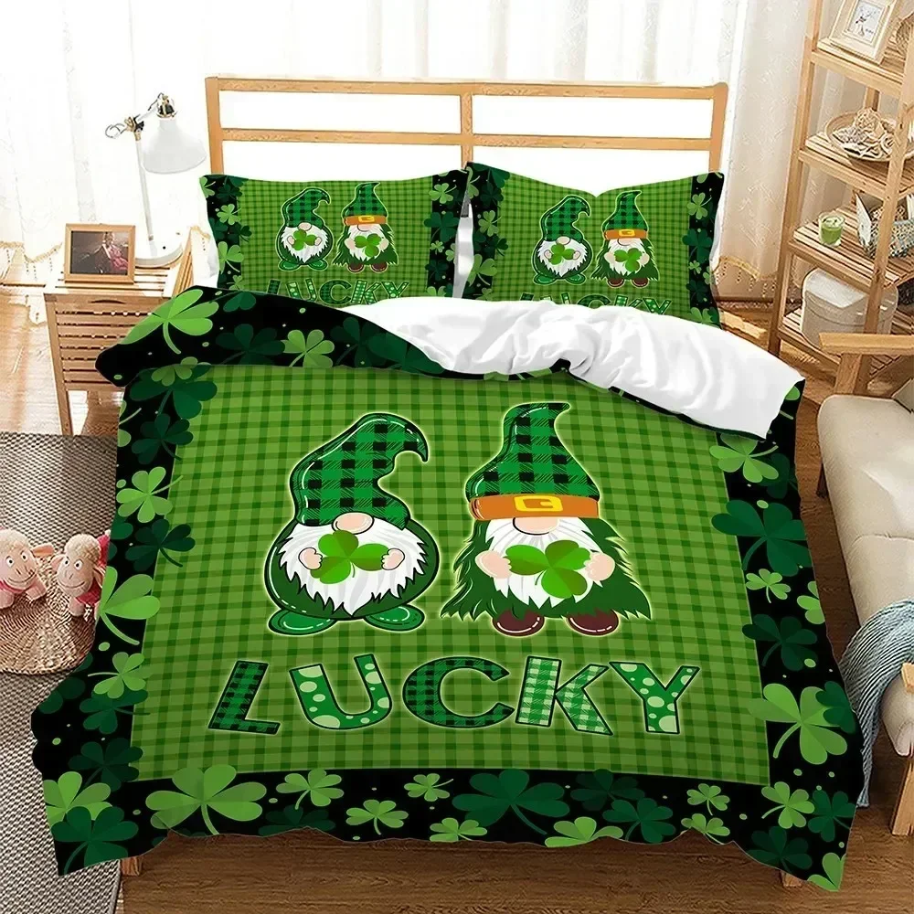 Top Lucky Green Leaves King Queen Duvet Cover Four Leaf Shamrock Clover Bedding Set For Irish Culture Soft Polyester Quilt Cover