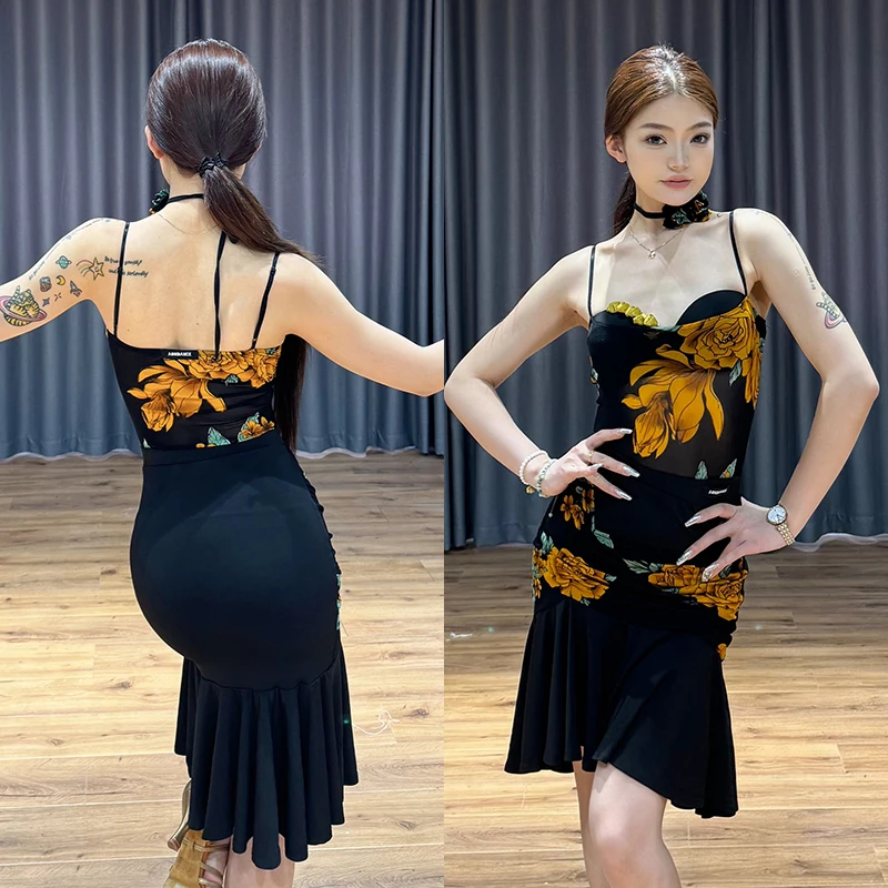 Vêtements de danse latine pour femmes adultes, body Sexy à bretelles, jupe irrégulière, robe de danse Rumba, vêtements de Performance pour Club Salsa, VBH1522