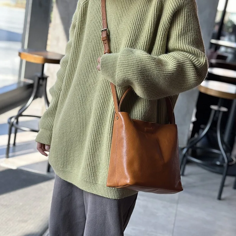 Johnature 2024 New Genuine Leather Simple Bucket Shoulder Bags Vintage Large Capacity Cowhide Solid Color Women Handbag