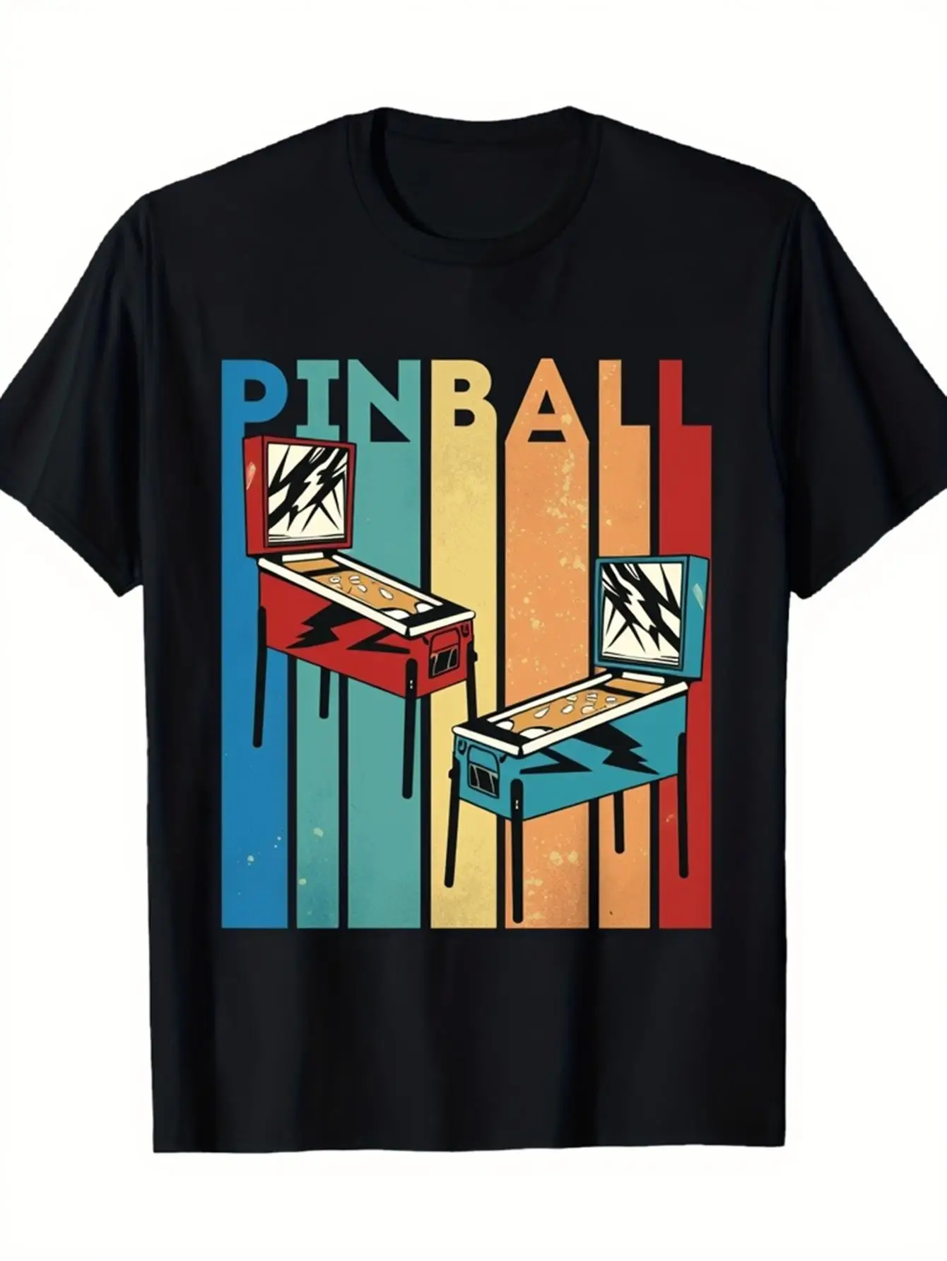 Retro Men's Black Graphic T-Shirt Pinball Arcade Machine Vintage Stripe Bold Letter Print Gaming Theme 100% Cotton Heavyweight Short Sleeve Casual Streetwear Tee