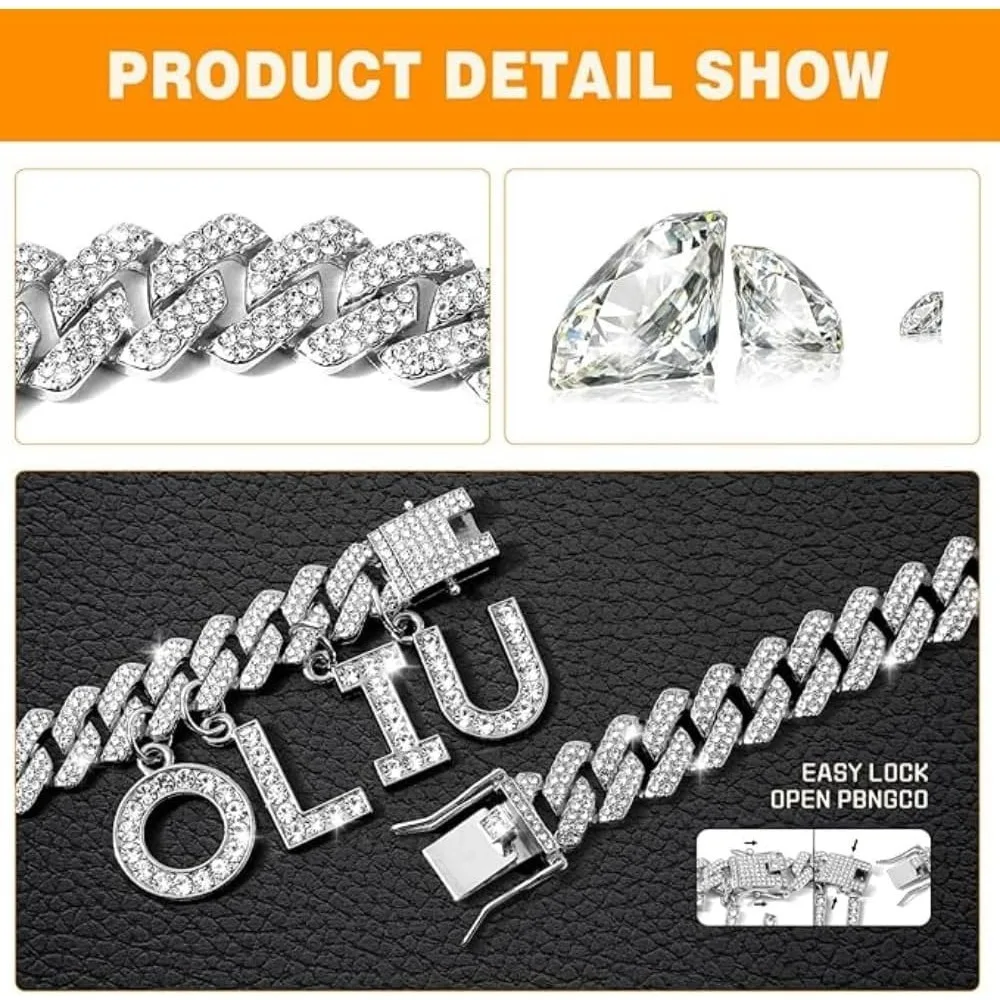 Personalized Chain Collar Name Letters Customized Silver Dog Necklace Diamond Cuban For Small Medium Large Dogs Cats