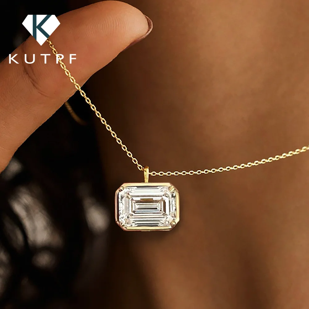 East West Emerald Cut Moissanite Diamond Pendant Necklace with GRA S925 Silver Bezel Set Solitaire Diamond NeckChain for Women