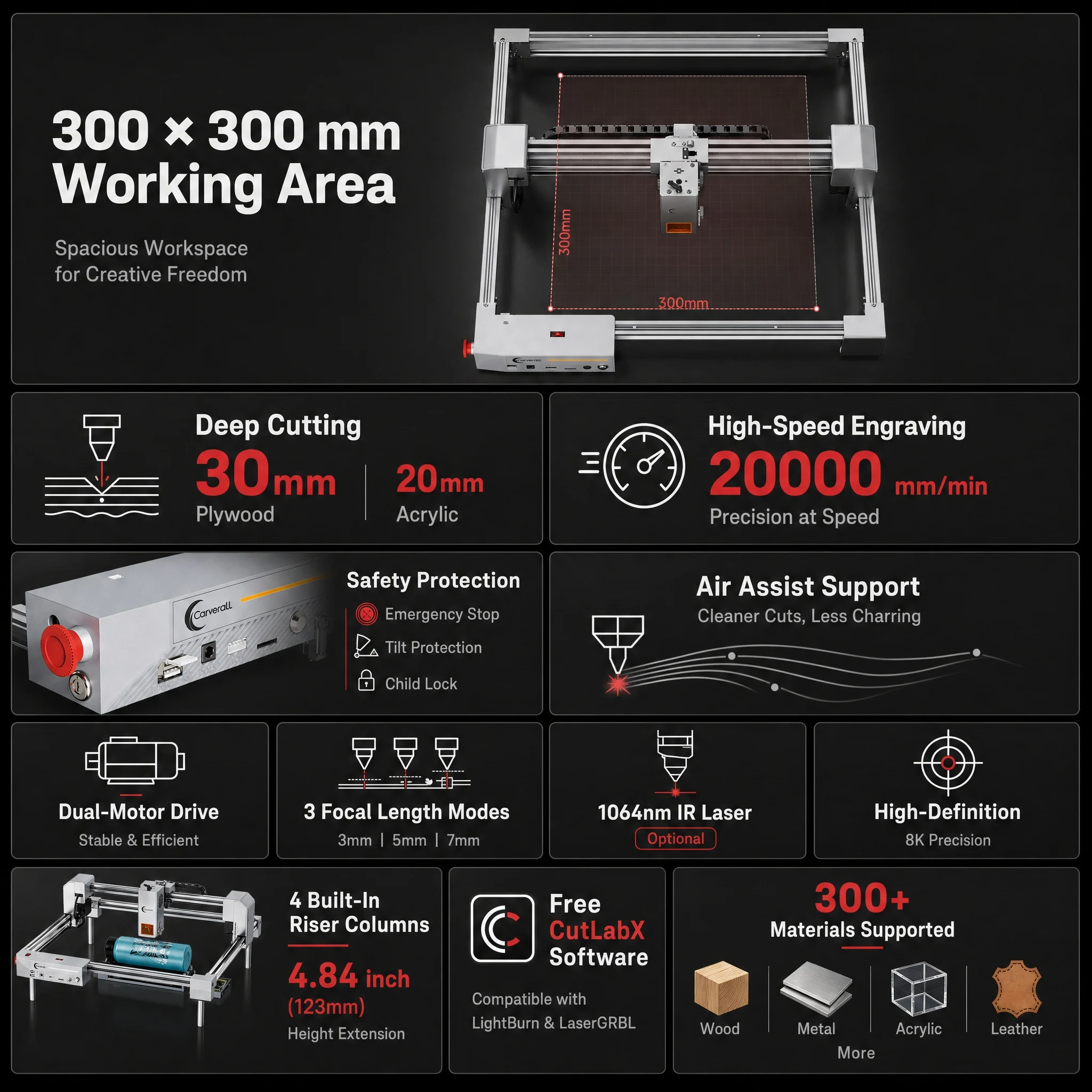 Carverall JL9 20W lasergraveer- en snijmachine, 300x300mm oppervlakte, luchtassistentie, verhogers, voor doe-het-zelf metaal, hout, acryl, leer, kleine bedrijven