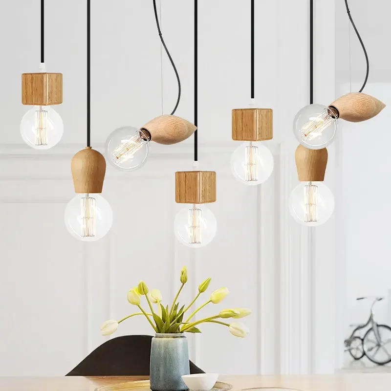 

Modern Wood Pendant Lamp E27 Vintage Wooden Chandelier for Living Room Bedroom Cafe Restaurant Home Decor Lighting Fixture