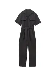 Women Fashion With Belt Front Zipper Jumpsuits Vintage Short Sleeve Side Pockets Female Playsuits Mujer