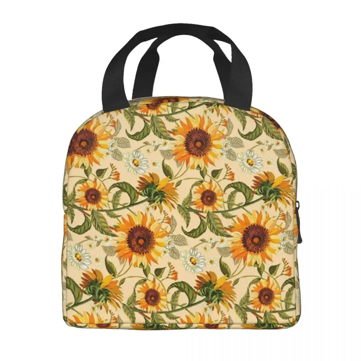 70s Vintage Golden Sunflowers Insulated Lunch Bag Women Retro Flower Pattern Lunch Container for Outdoor Camping Travel Food Box