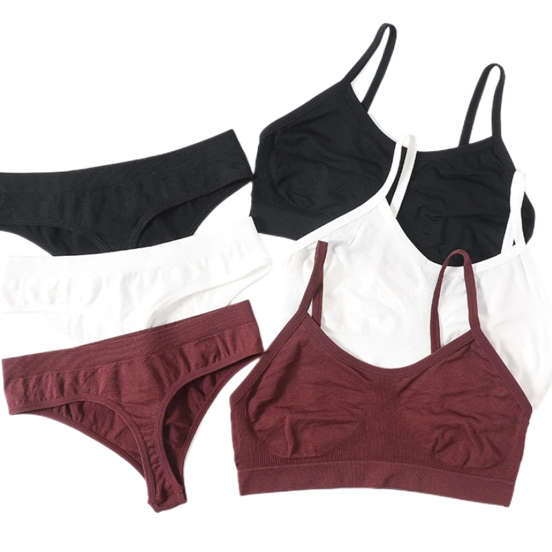 Women Bra Set Seamless Underwear Low Waist Thong Ribbed Fitness TopSet Female Crop Top Sexy Lingerie Set Fashion Bralette