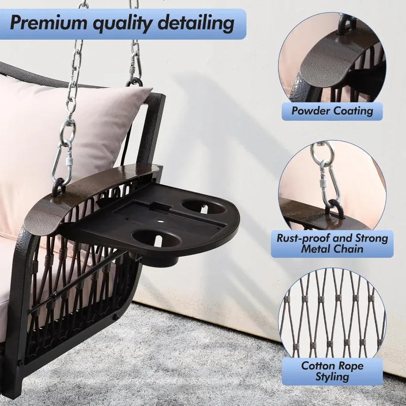 أرجوحة شرفة من الخوص شديدة التحمل 900 رطل 3 مقاعد كرسي أرجوحة للفناء الخارجي مع وسائد وسلاسل 8.9 قدم مقعد معلق خارجي مع U