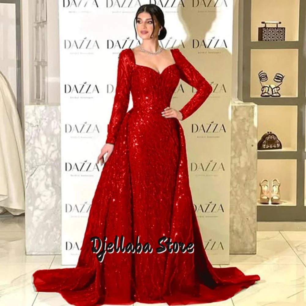 

Sparkly Red Sequins Lace Arabian Prom Gown 2025 Long Sleeves Mermaid Evening Dresses Women Wedding Party Dress Customized