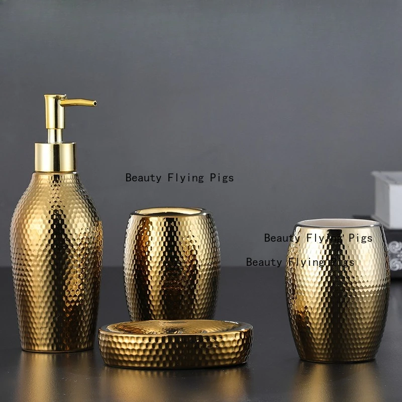 

4pcs/set Golden Ceramic Bathroom Wash Set Soap Dish Lotion Bottle Rinsing Cup Bathroom Accessories Hotel Supplies Home Decor