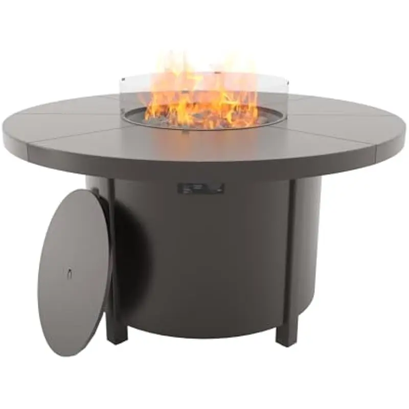 48 Inch Round Outdoor Propane Fire Table with 55000 BTU Multi-Hole Burner, Tempered Glass Flame Guard, Pumice Media, Weatherproo