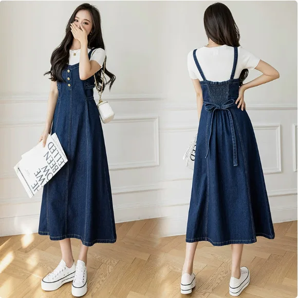 Women's Spring and Autumn Denim Dress, Casual All-Match Denim Overalls Dress, Mid-Length