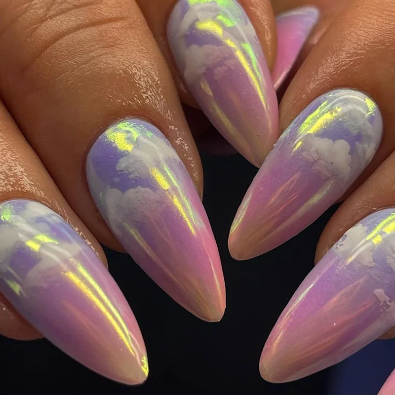 

24 шт. Dreamy Press-On Nails - Фиолетовый к красному омбре с белыми облаками Длинные миндалевидные накладные ногти в стиле фэнтези неба с инструментами для ношения