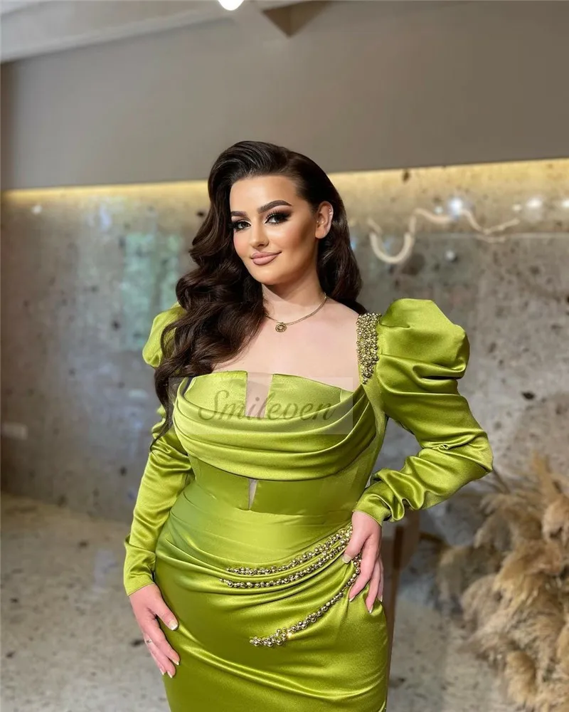 Smileven Long Sleeve Avocado Green Mermaid Evening Dress Satin Pleats Prom DressesbBeading robe de soirée Women Party Gowns