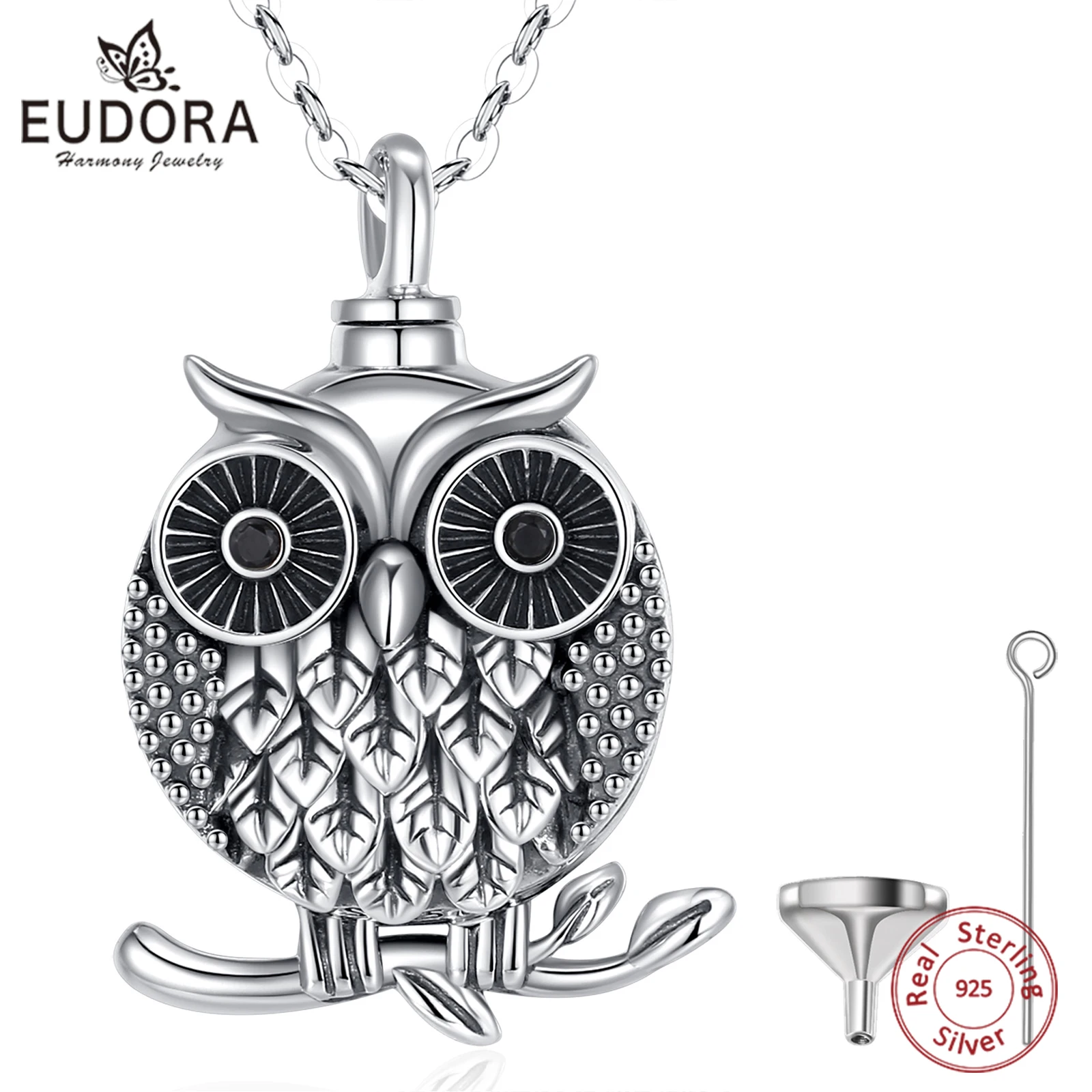 Eudora 925 Sterling Silver Owl Ashes Urn Pendant Vintage Owl Zircon Cremation Urn Memorial Necklace Personality Jewelry Gift