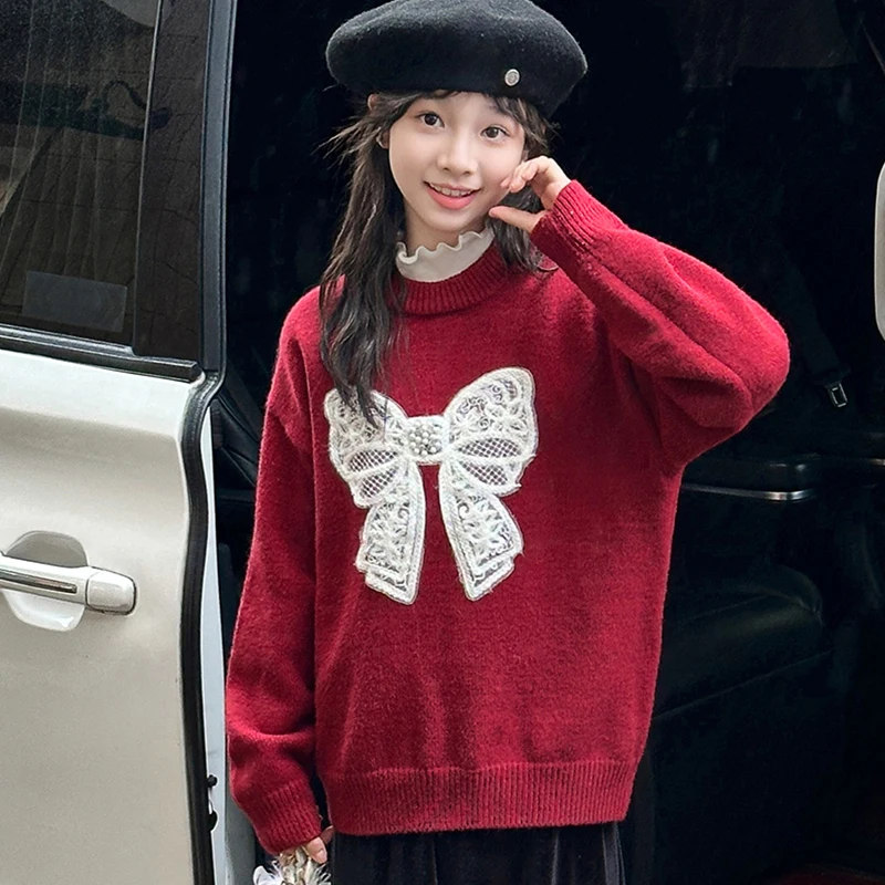 

Stylish Children's Clothing Autumn Clothes Knitted Sweaters with A Bow For Girls Elegant Red Color Knitwear Kids Spring Outfit