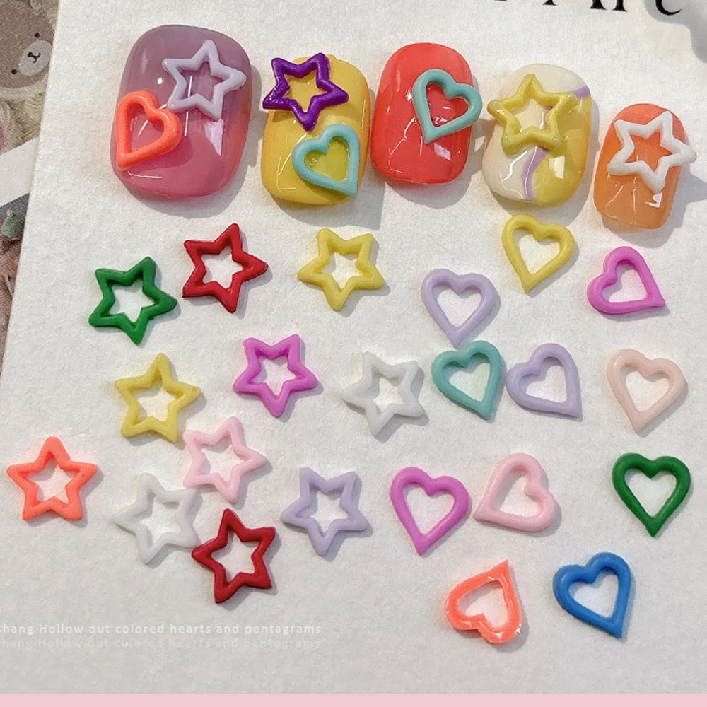 100Pcs Mixed Colorful Star Heart Nail Art Charms 3D Resin Ice Transparency Hollowed Love Nail Decoration Kawaii DIY Nail Parts