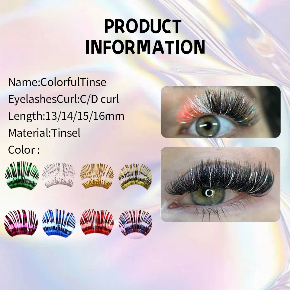 New Individual Shiny Colorful Eyelash Extension Tinsel Holographic Lash Makeup Mix Color Glitter Spike Tinsel Eyelash Extensions