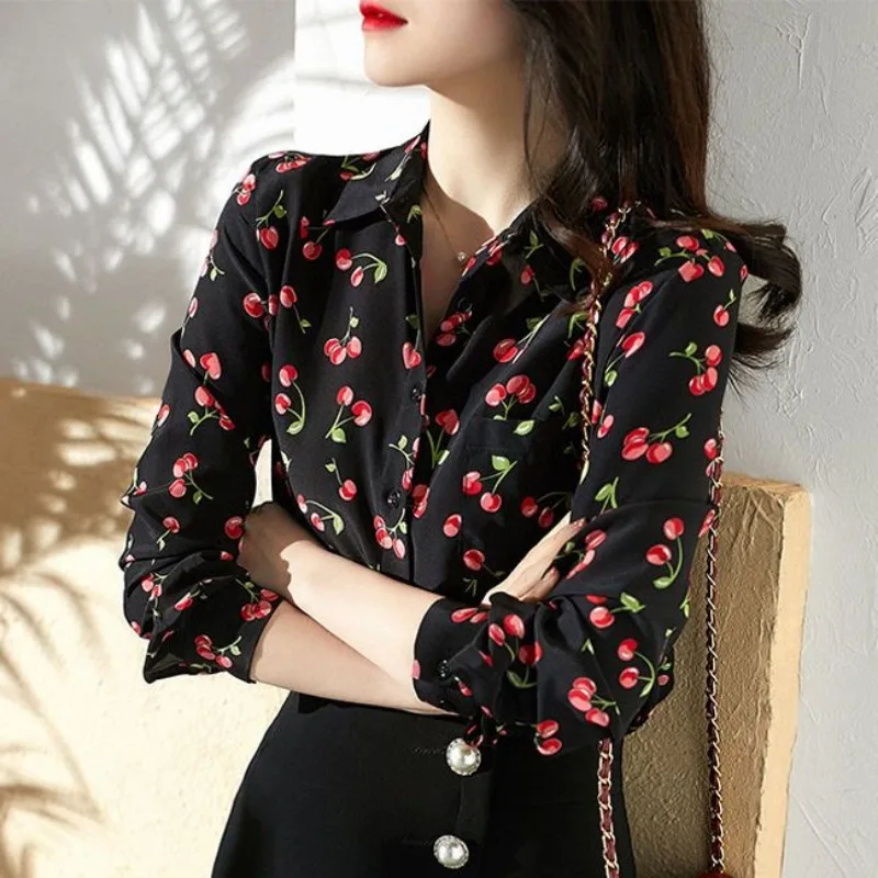 Women Autumn Korean Fashion Cherry Printed Chic Shirts Office Lady Elegant Commute Chiffon Blouses Casual Long Sleeve Loose Tops