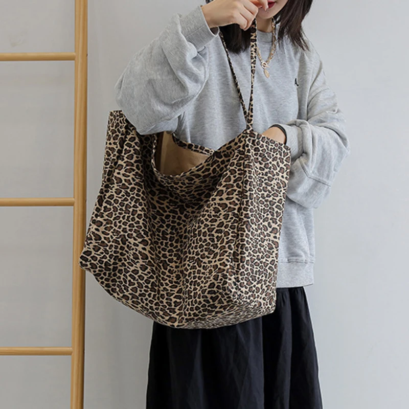 Fashion Women\'s Shopping Handbag Leopard Pattern Crossbody Bag Large Capacity Shoulder Bag Simple Canvas Female Bags