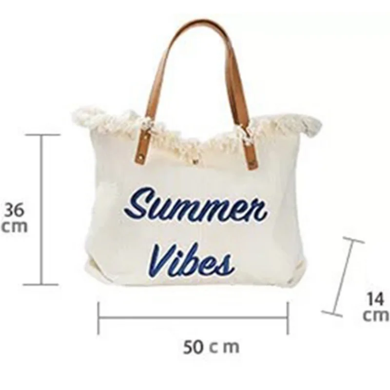 Women Vacation Style Tote Bag Large Capacity Beach Bag Letter Print Tassel Shopping Handbag Versatile Work Holiday Handbags 2023