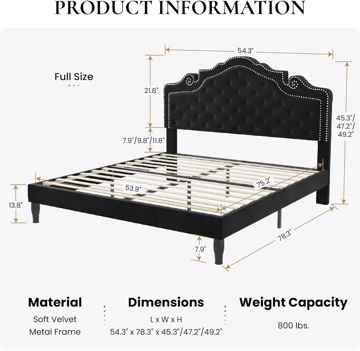 Full Size Bed Frame with Adjustable Headboard/Velvet Upholstered/Diamond Button Tufted and Metal Studs/No Box Spring